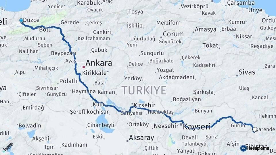 Düzce Darende Malatya Arası Kaç Km - Yol Haritası