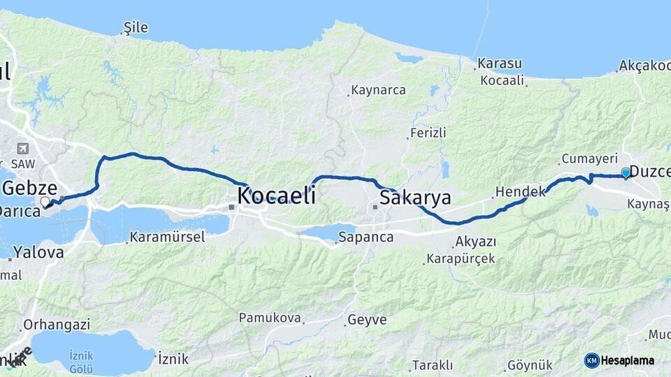 Düzce Darıca Kocaeli Arası Kaç Km - Yol Haritası