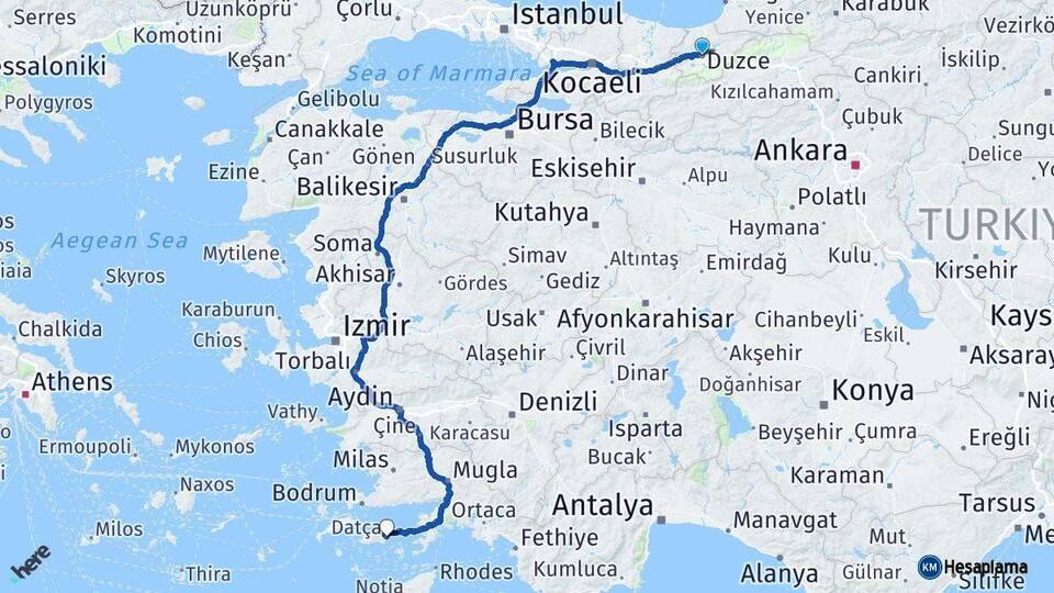 Düzce Datça Muğla Arası Kaç Km - Yol Haritası