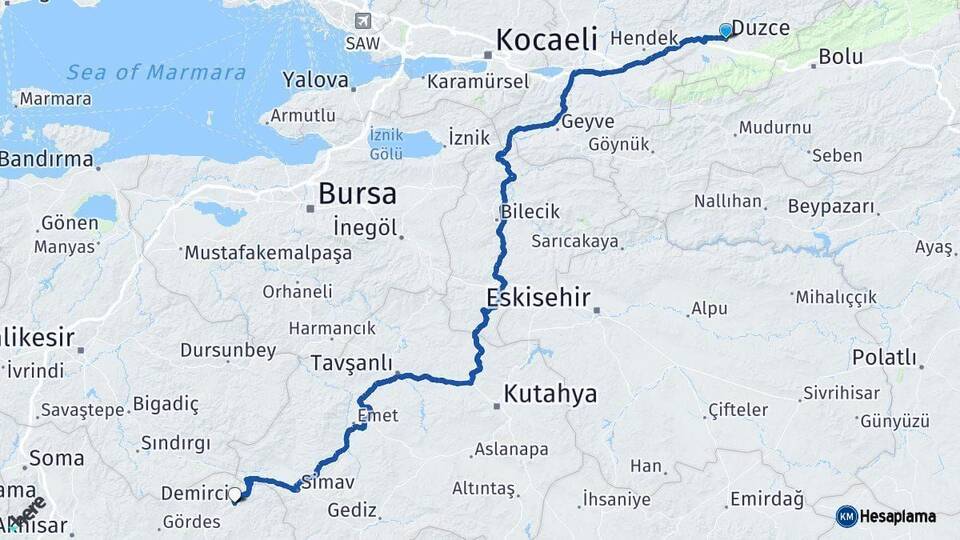 Düzce Demirci Manisa Arası Kaç Km - Yol Haritası