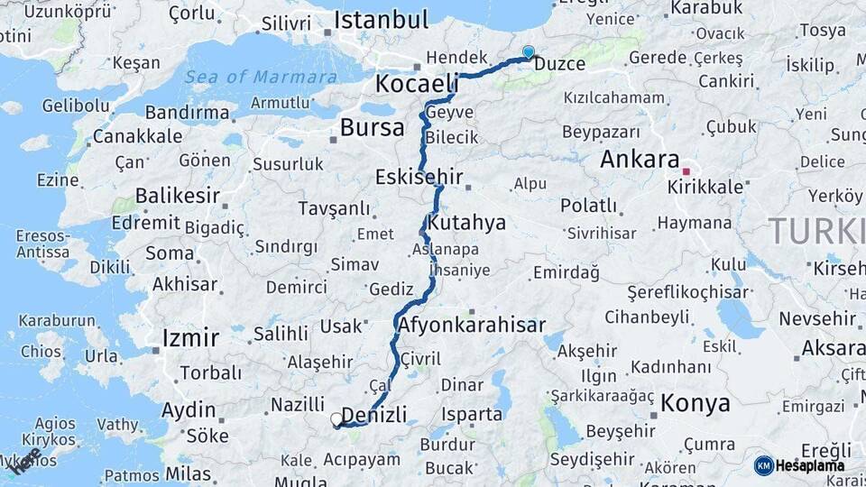 Düzce Denizli Arası Kaç Km - Yol Haritası