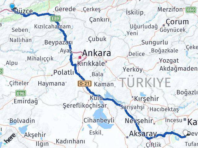 Düzce Develi Kayseri Arası Kaç Km - Yol Haritası