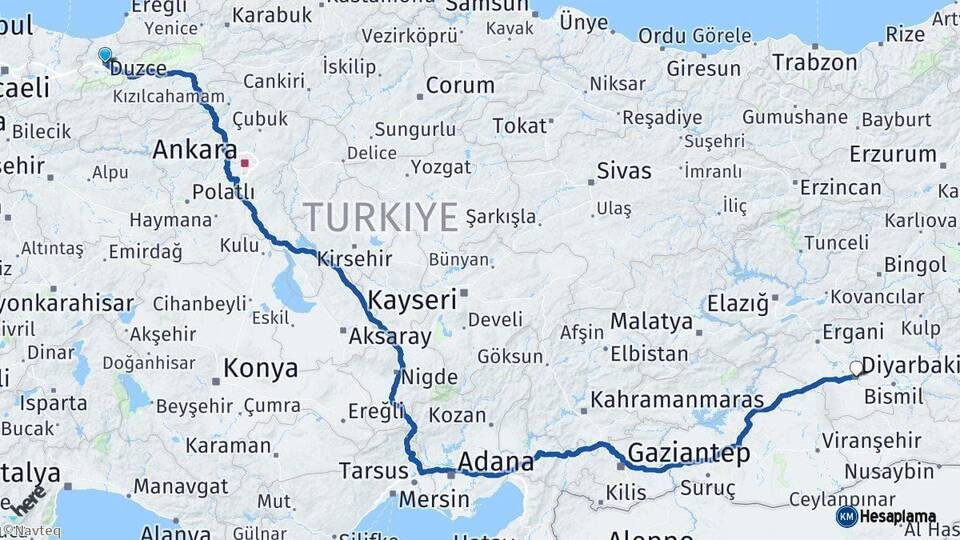 Düzce Diyarbakır Arası Kaç Km - Yol Haritası