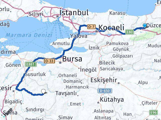 Düzce Dursunbey Balıkesir Arası Kaç Km - Yol Haritası