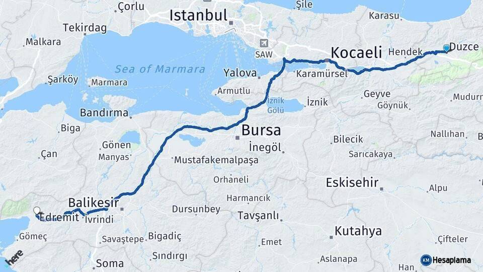 Düzce Edremit Balıkesir Arası Kaç Km - Yol Haritası