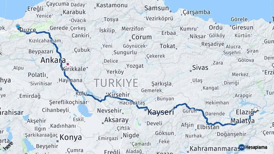 Düzce Elazığ Arası Kaç Km - Yol Haritası