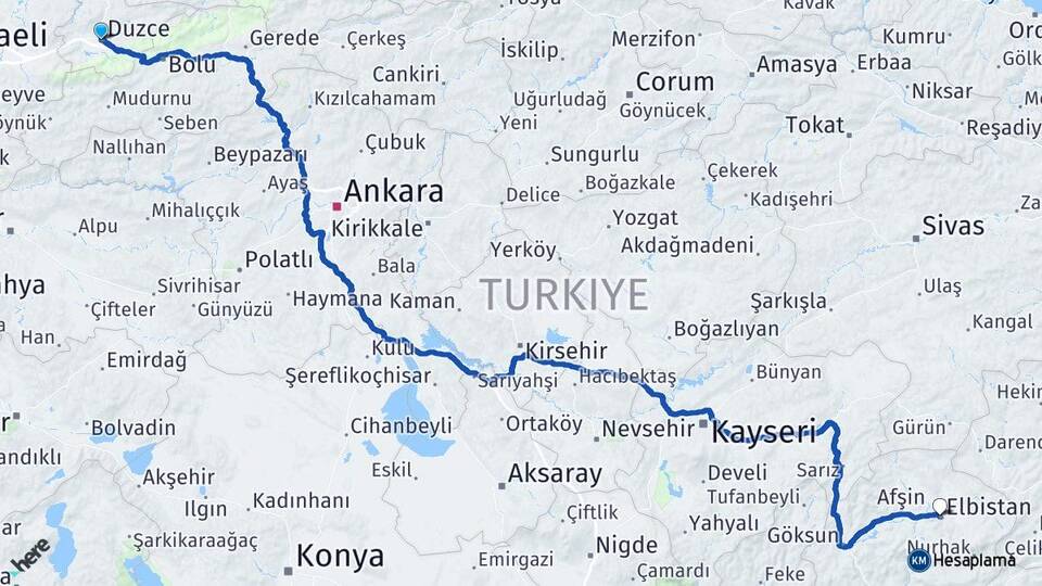 Düzce Elbistan Kahramanmaraş Arası Kaç Km - Yol Haritası