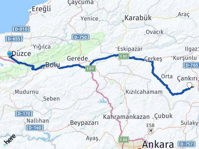 Düzce Eldivan Çankırı Arası Kaç Km - Yol Haritası