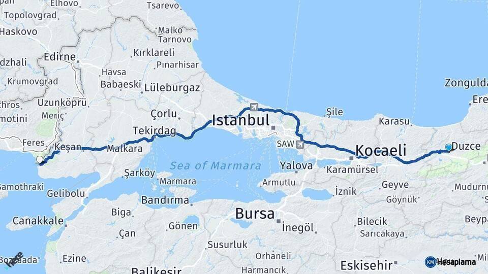 Düzce Enez Edirne Arası Kaç Km - Yol Haritası