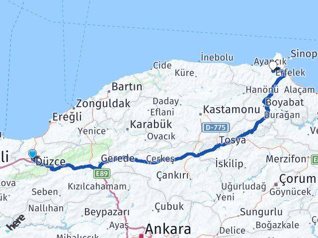Düzce Erfelek Sinop Arası Kaç Km - Yol Haritası