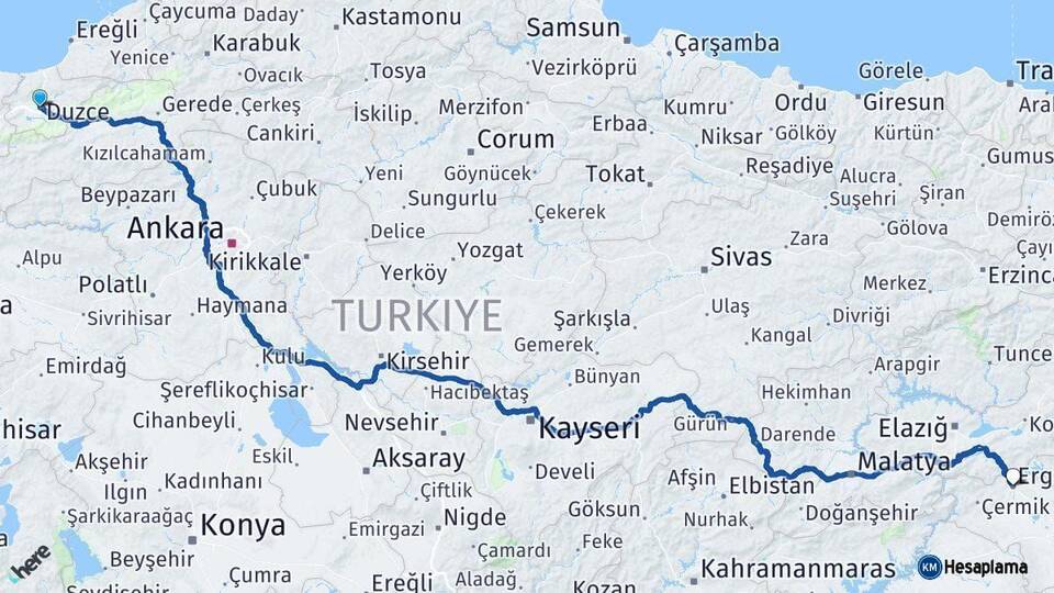 Düzce Ergani Diyarbakır Arası Kaç Km - Yol Haritası