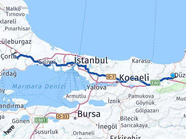 Düzce Ergene Tekirdağ Arası Kaç Km - Yol Haritası