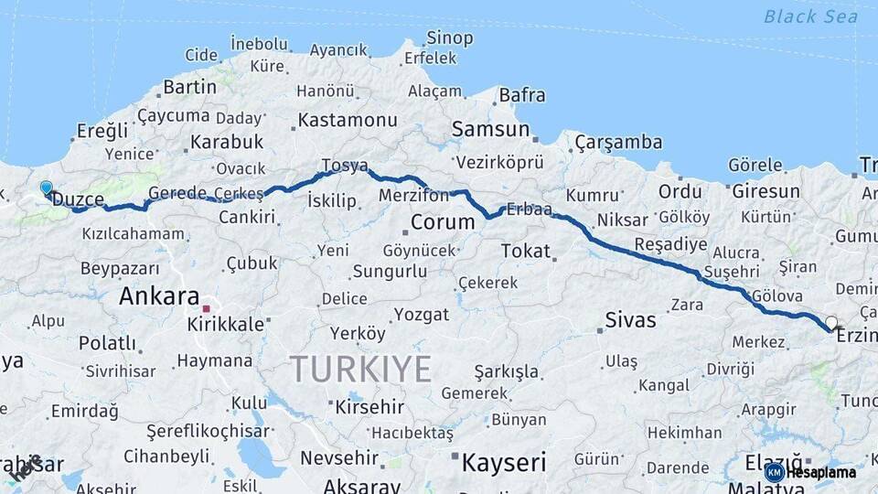 Düzce Erzincan Arası Kaç Km - Yol Haritası