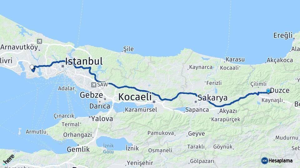 Düzce Esenyurt İstanbul Arası Kaç Km - Yol Haritası