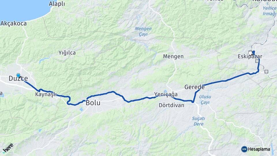 Düzce Eskipazar Karabük Arası Kaç Km - Yol Haritası