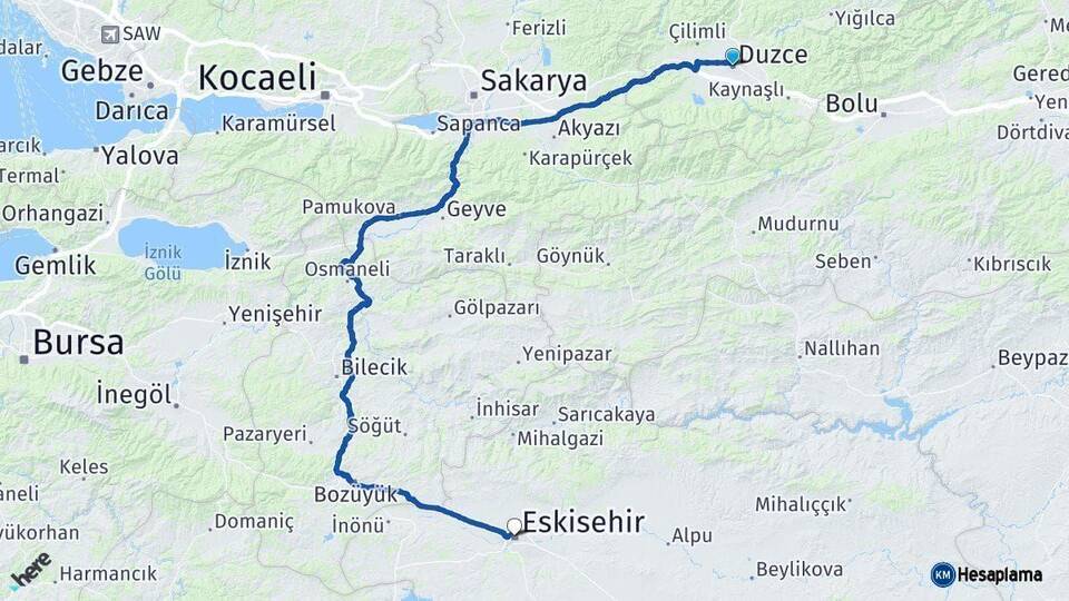 Düzce Eskişehir Arası Kaç Km - Yol Haritası