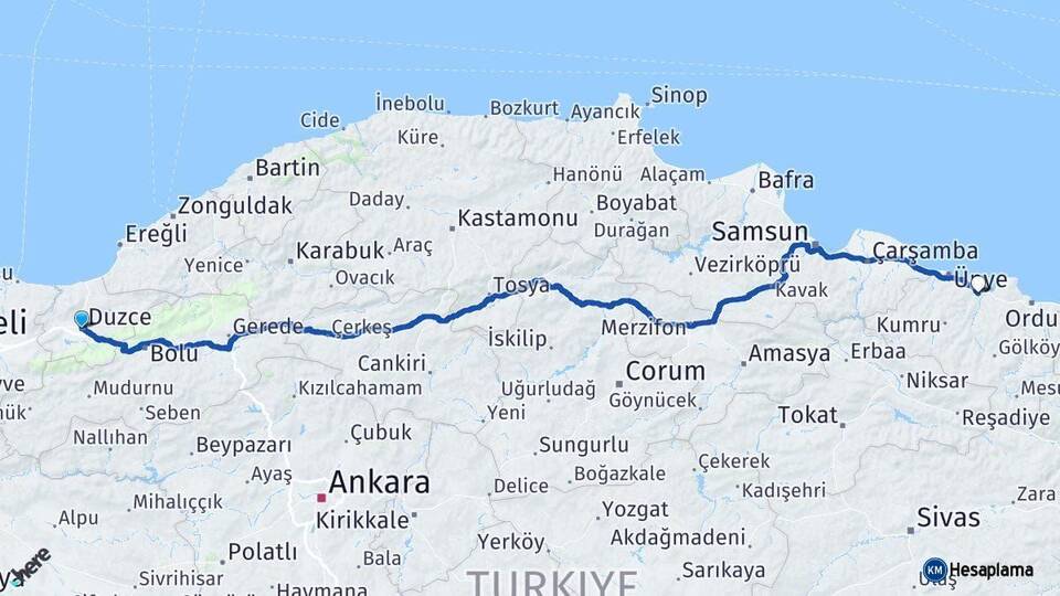 Düzce Fatsa Ordu Arası Kaç Km - Yol Haritası