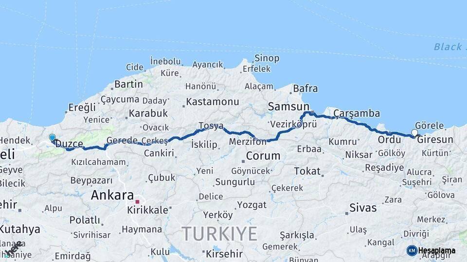 Düzce Giresun Arası Kaç Km - Yol Haritası