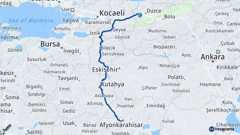 Düzce Gölyaka Afyonkarahisar Arası Kaç Km - Yol Haritası