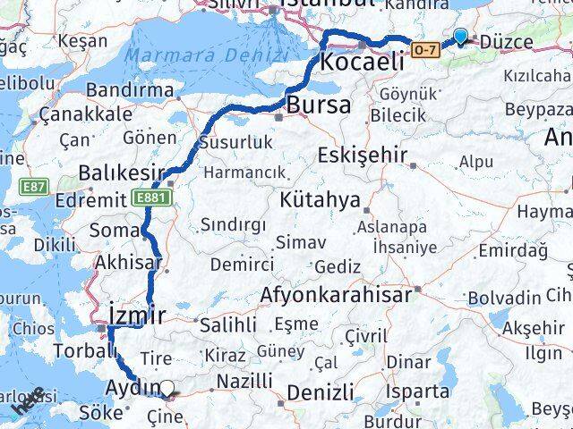 Düzce Gölyaka Aydın Arası Kaç Km - Yol Haritası