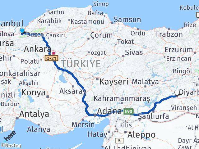 Düzce Gölyaka Diyarbakır Arası Kaç Km - Yol Haritası