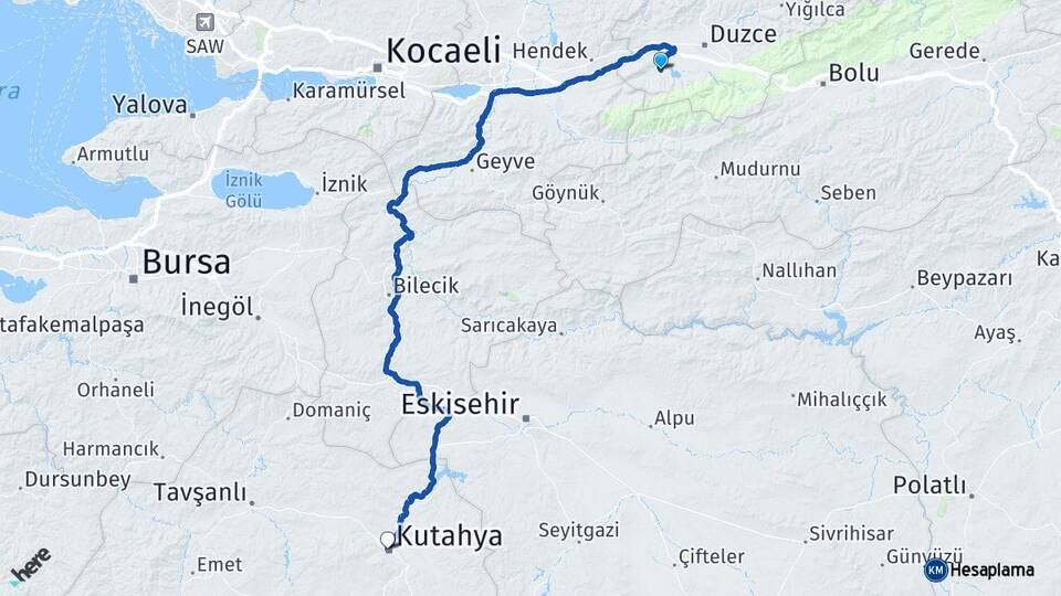 Düzce Gölyaka Kütahya Arası Kaç Km - Yol Haritası