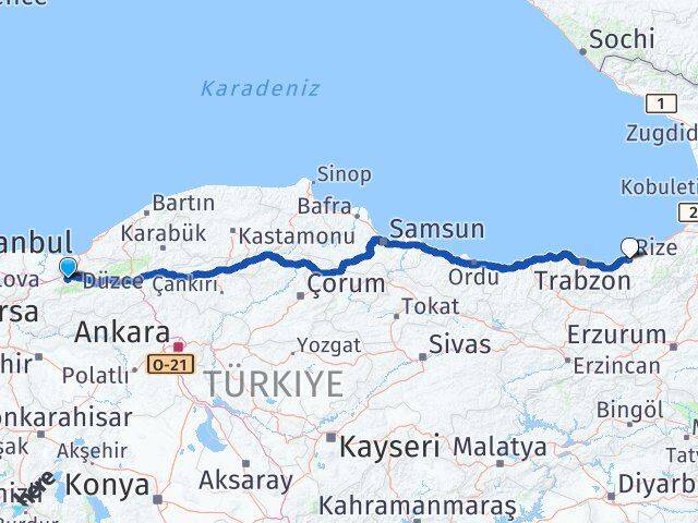 Düzce Gölyaka Rize Arası Kaç Km - Yol Haritası