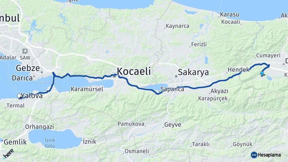 Düzce Gölyaka Yalova Arası Kaç Km - Yol Haritası