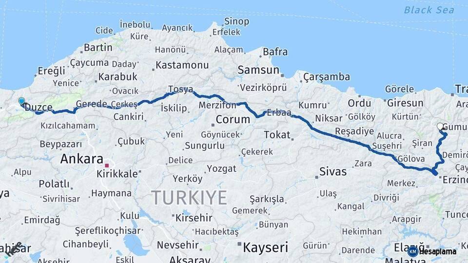 Düzce Gümüşhane Arası Kaç Km - Yol Haritası
