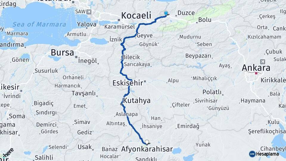 Düzce Gümüşova Afyonkarahisar Arası Kaç Km - Yol Haritası