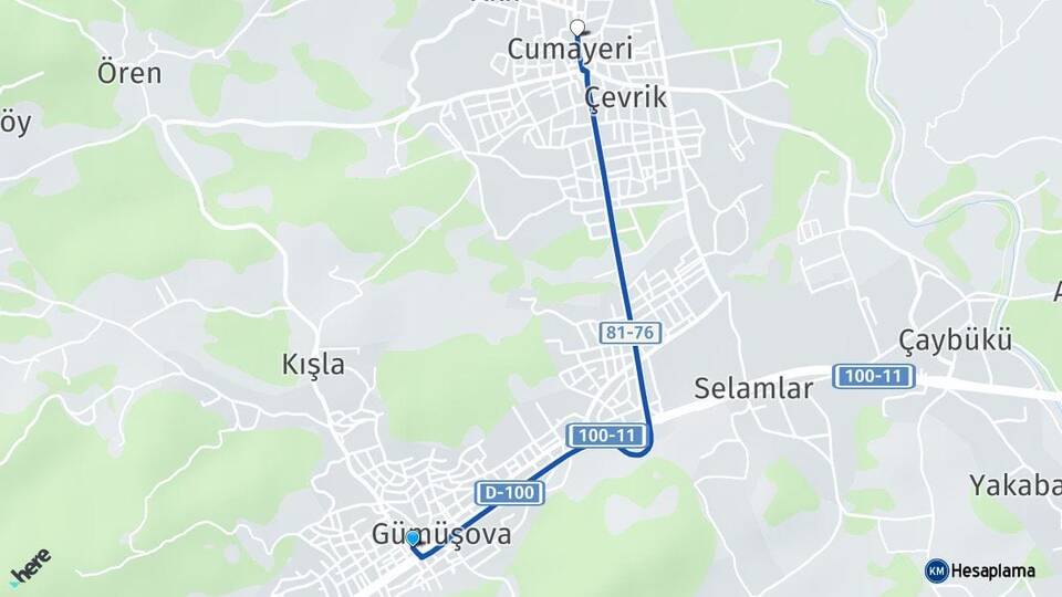 Düzce Gümüşova Cumayeri Arası Kaç Km - Yol Haritası