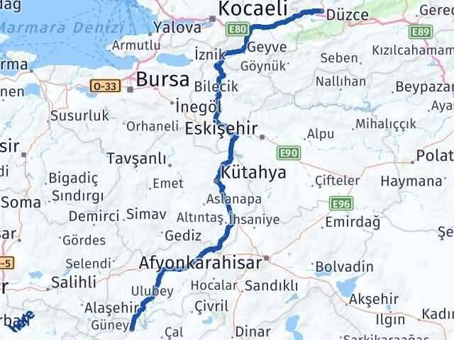 Düzce Güney Denizli Arası Kaç Km - Yol Haritası