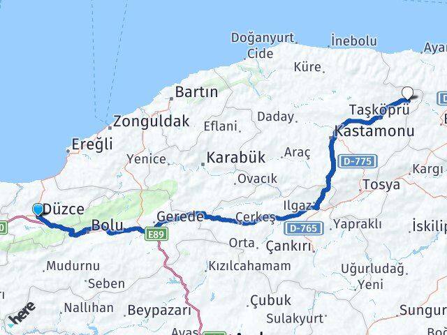 Düzce Hanönü Kastamonu Arası Kaç Km - Yol Haritası