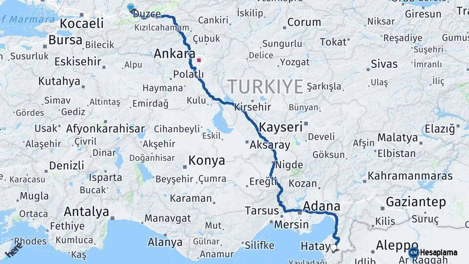 Düzce Hatay Arası Kaç Km - Yol Haritası