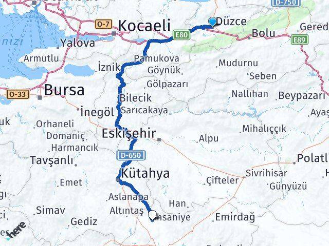 Düzce İhsaniye Afyonkarahisar Arası Kaç Km - Yol Haritası