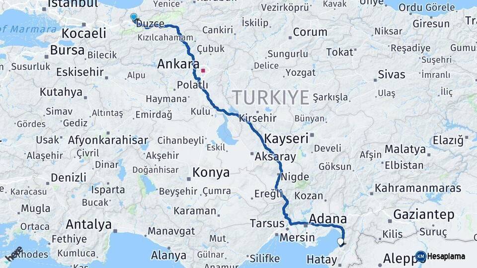 Düzce İskenderun Hatay Arası Kaç Km - Yol Haritası