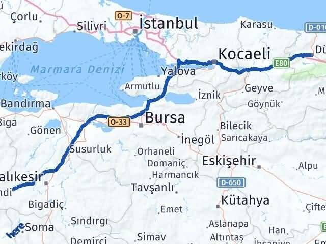 Düzce İvrindi Balıkesir Arası Kaç Km - Yol Haritası