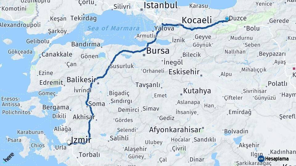 Düzce İzmir Arası Kaç Km - Yol Haritası