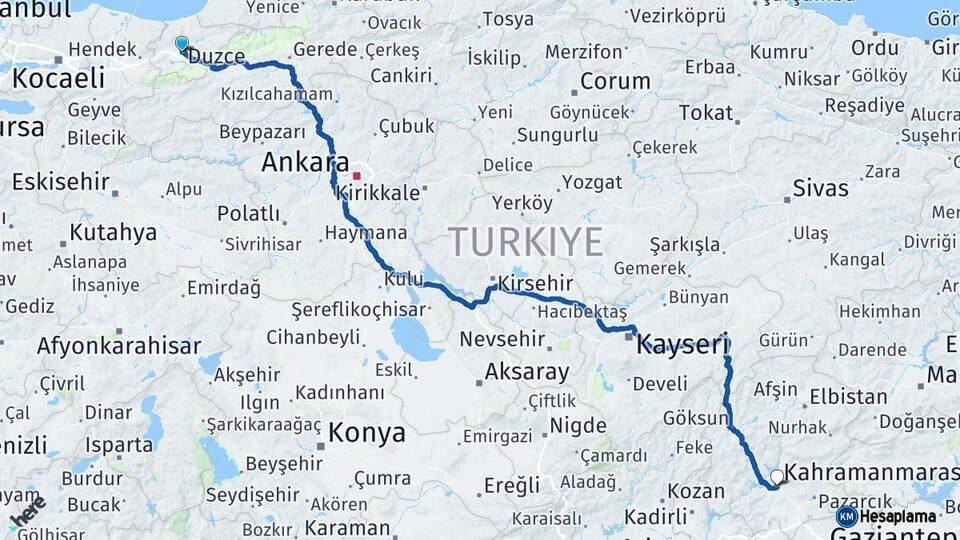 Düzce Kahramanmaraş Arası Kaç Km - Yol Haritası