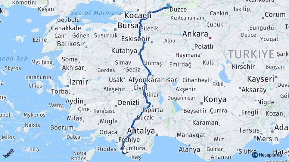 Düzce Kalkan Kaş Antalya Arası Kaç Km - Yol Haritası