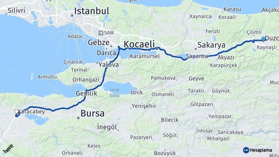 Düzce Karacabey Bursa Arası Kaç Km - Yol Haritası