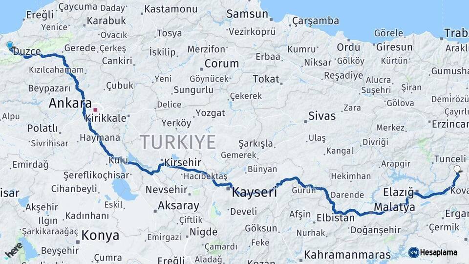 Düzce Karakoçan Elazığ Arası Kaç Km - Yol Haritası