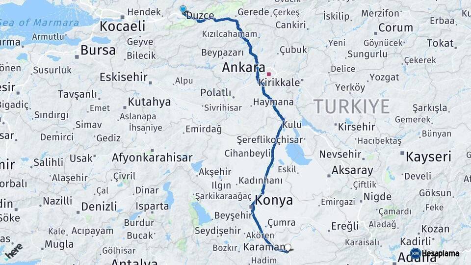 Düzce Karaman Arası Kaç Km - Yol Haritası
