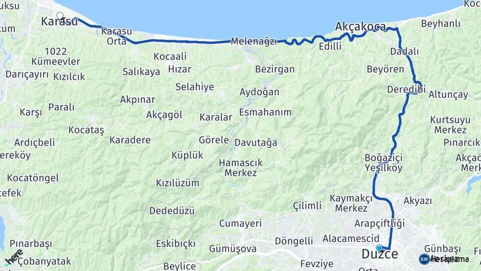Düzce Karasu Sakarya Arası Kaç Km - Yol Haritası
