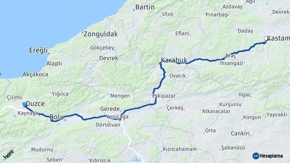 Düzce Kastamonu Arası Kaç Km - Yol Haritası