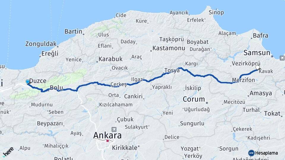 Düzce Kavak Samsun Arası Kaç Km - Yol Haritası