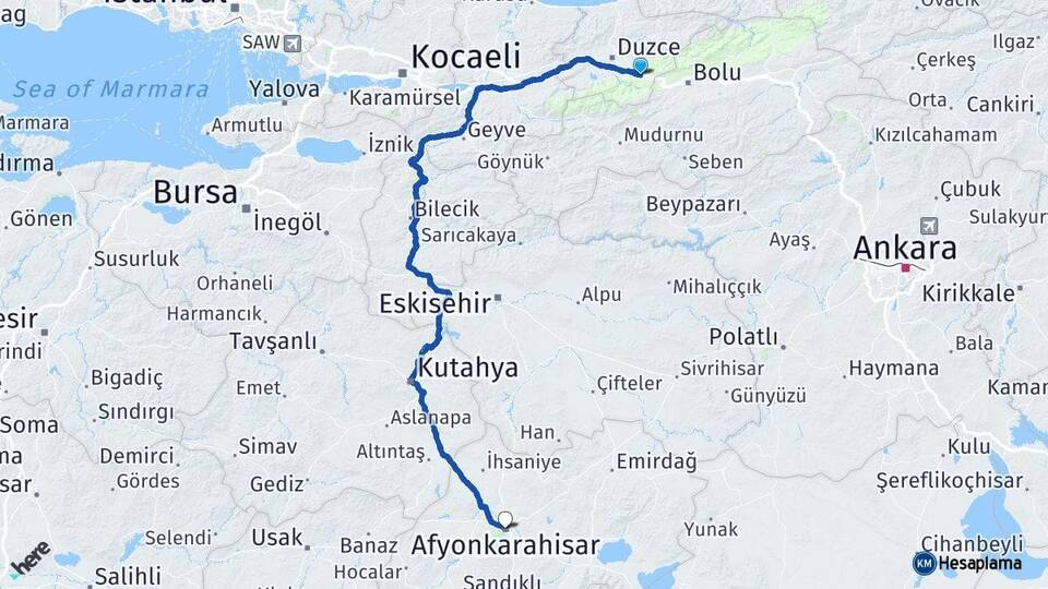 Düzce Kaynaşlı Afyonkarahisar Arası Kaç Km - Yol Haritası