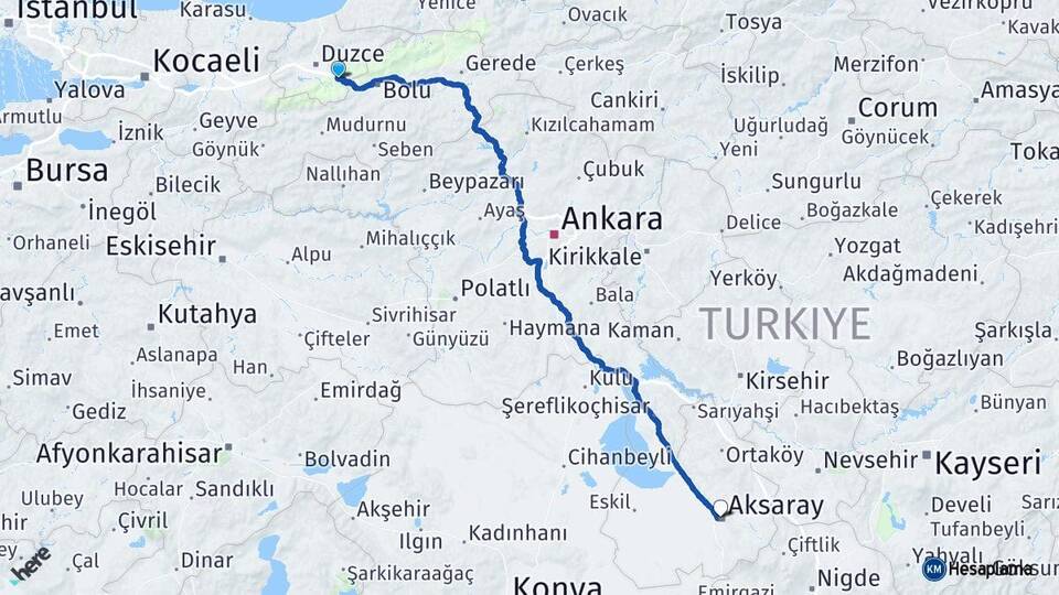Düzce Kaynaşlı Aksaray Arası Kaç Km - Yol Haritası