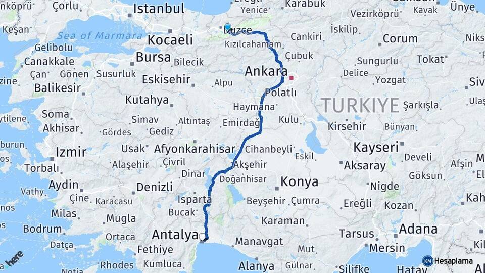 Düzce Kaynaşlı Antalya Arası Kaç Km - Yol Haritası
