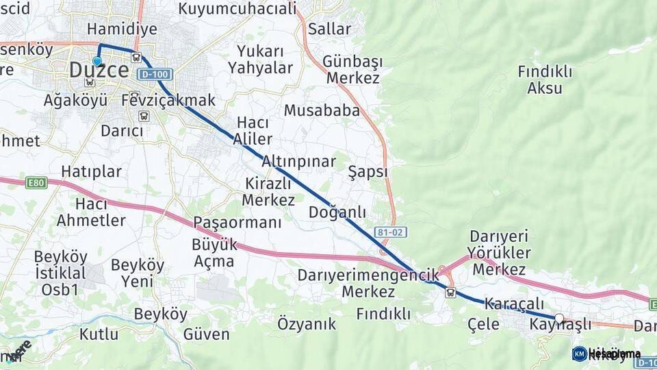 Düzce Kaynaşlı Arası Kaç Km - Yol Haritası